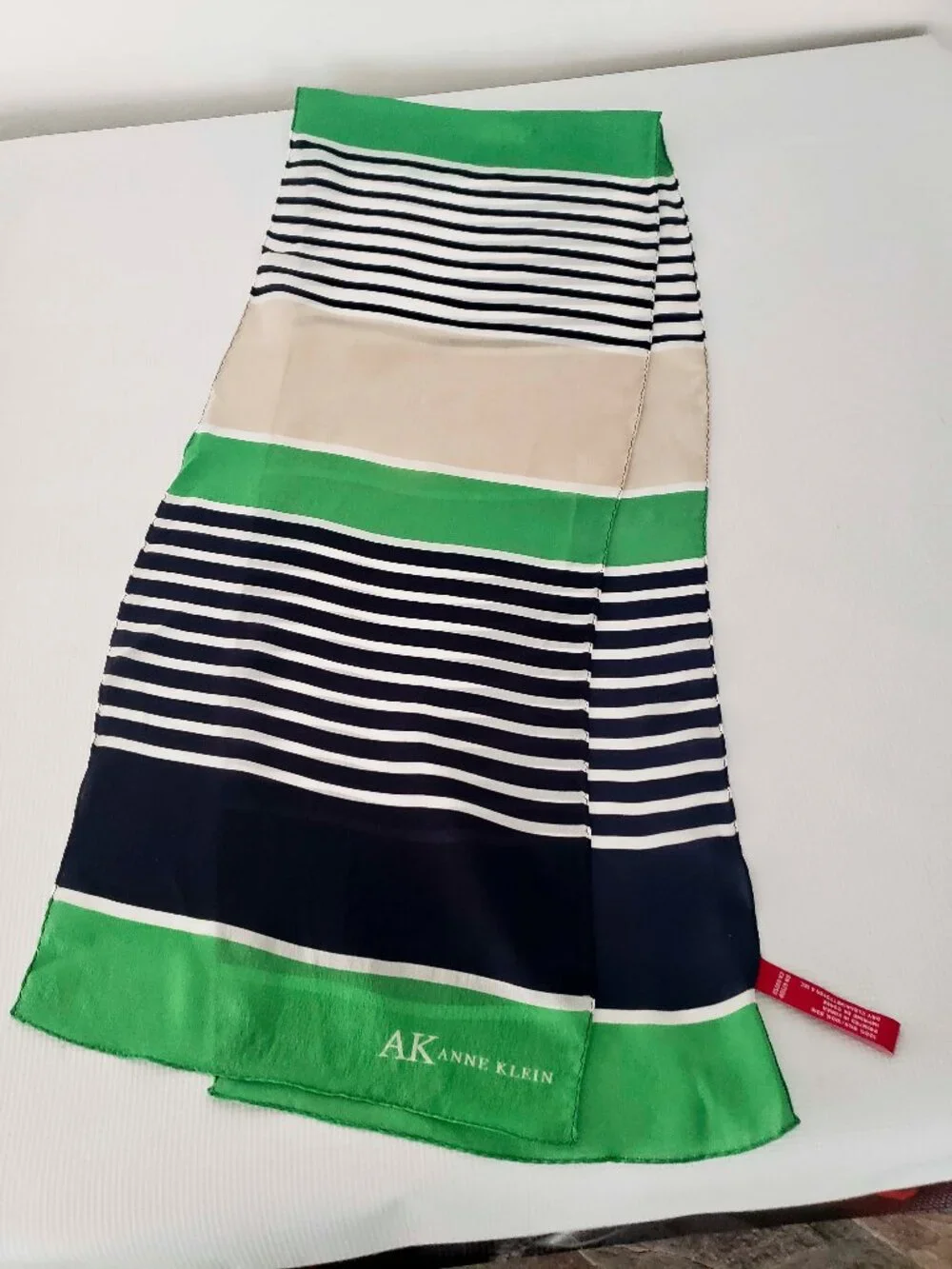 Anne Klein Green Navy Striped Silk Scarf